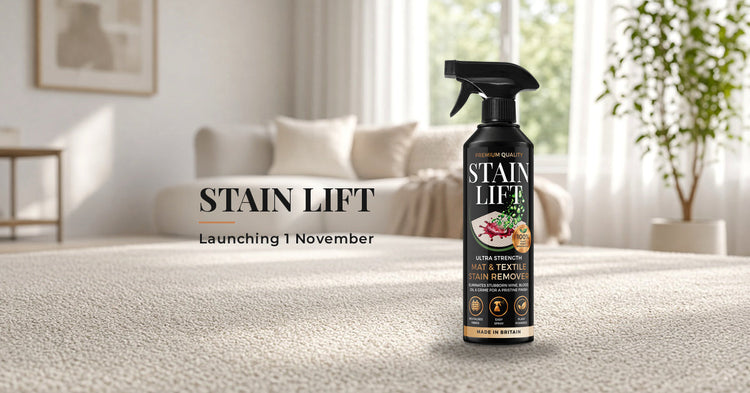 Stain Lift Ultra Strength Mat & Textile Stain Remover 500ml spray bottle on a living-room rug, launching 1 November 2026